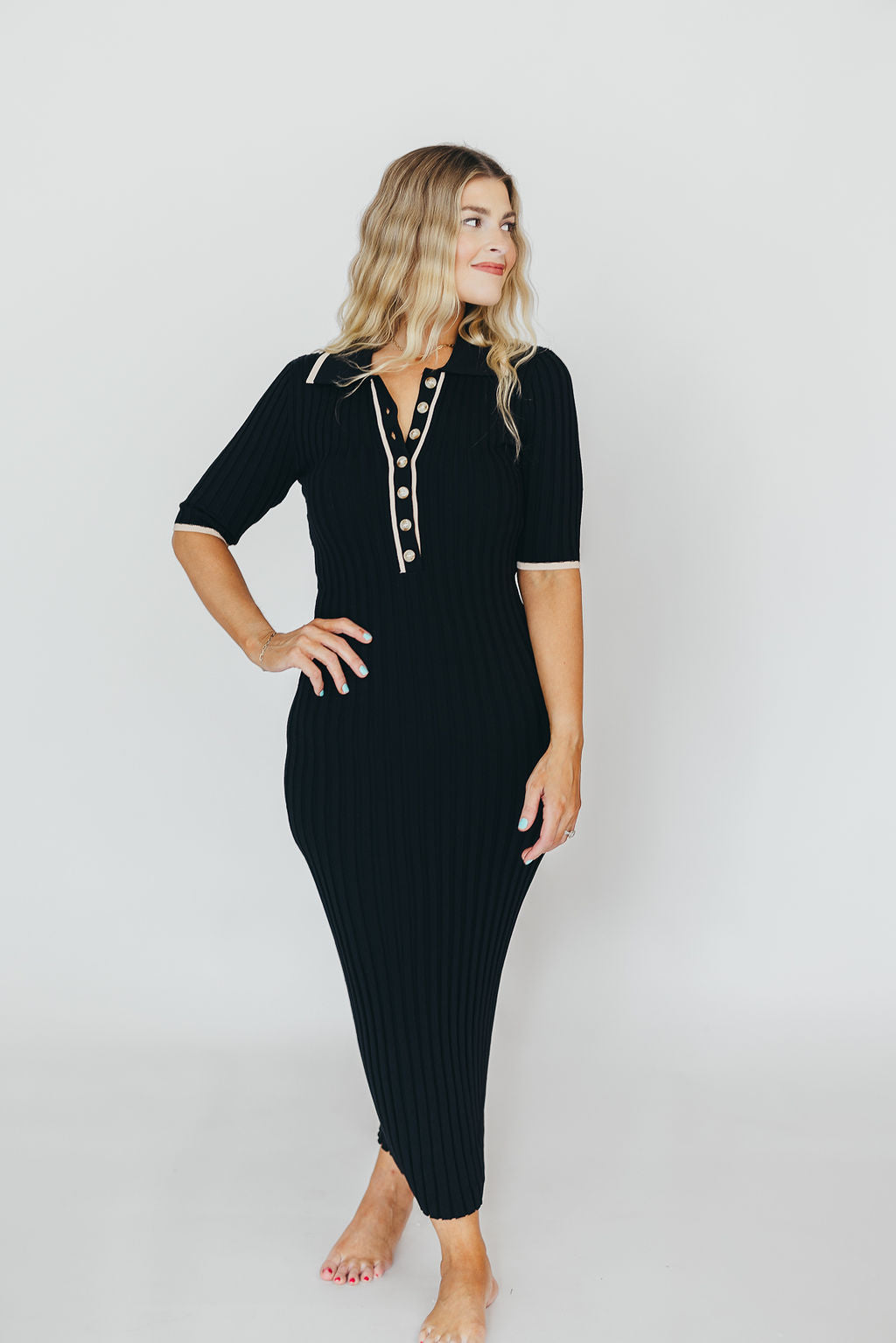 Addie Ribbed Button-Down Maxi Dress in Black - Nursing and Bump Friendly