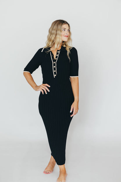Addie Ribbed Button-Down Maxi Dress in Black - Nursing and Bump Friendly