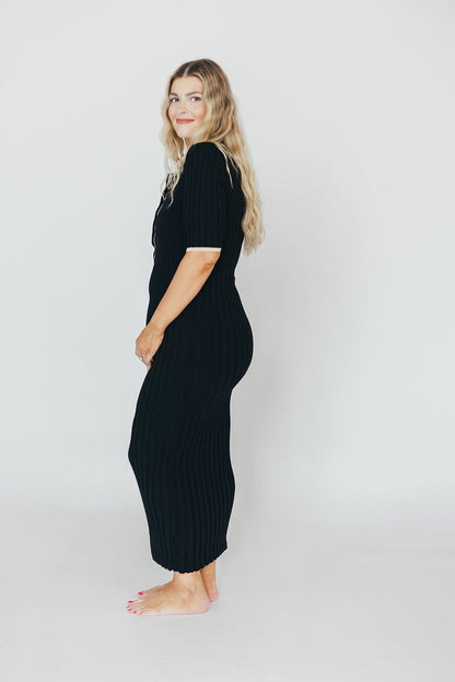 Addie Ribbed Button-Down Maxi Dress in Black - Nursing and Bump Friendly