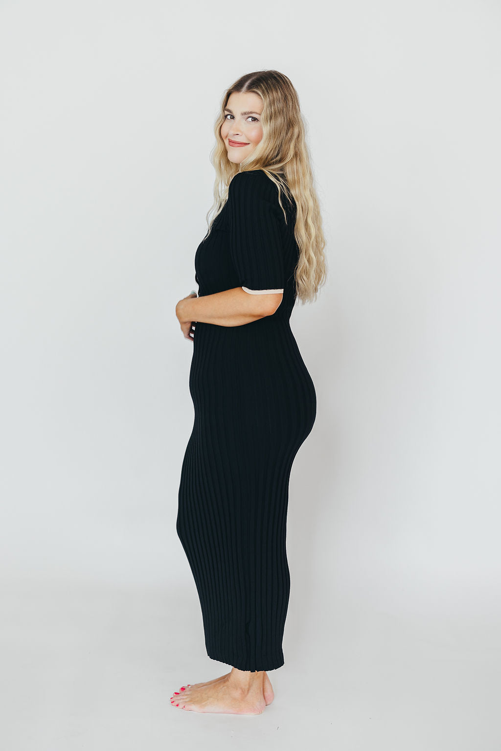 Addie Ribbed Button-Down Maxi Dress in Black - Nursing and Bump Friendly