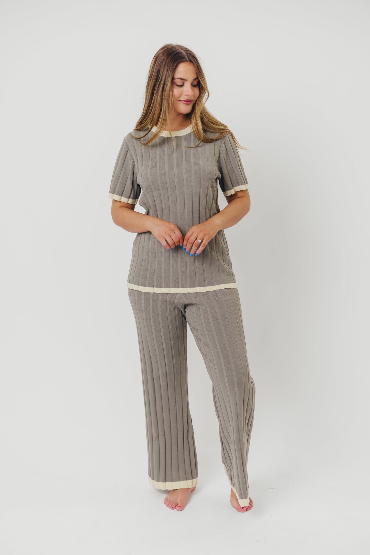 Adele Ribbed Knit Top and Pants Set in Dusty Olive