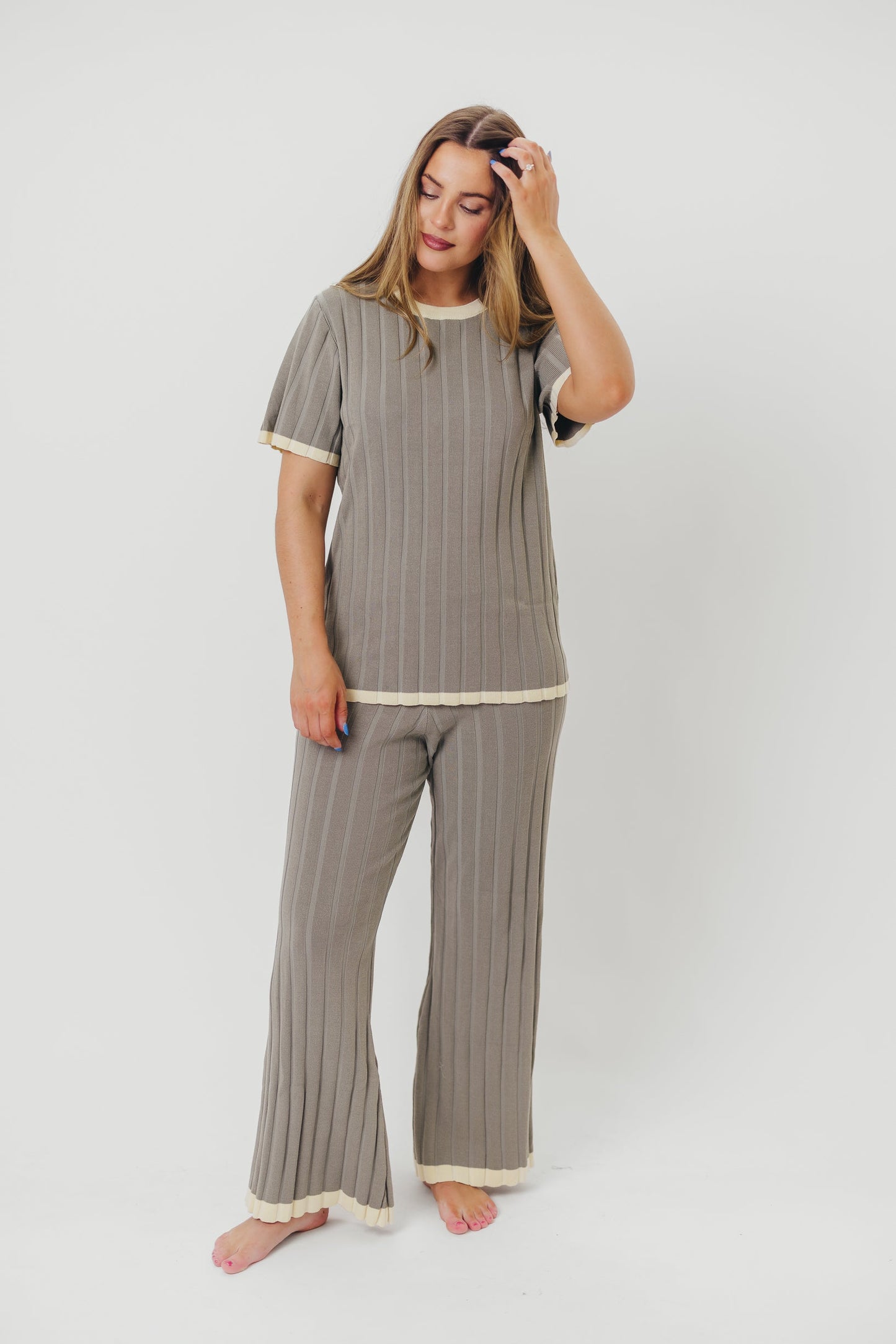 Adele Ribbed Knit Top and Pants Set in Dusty Olive