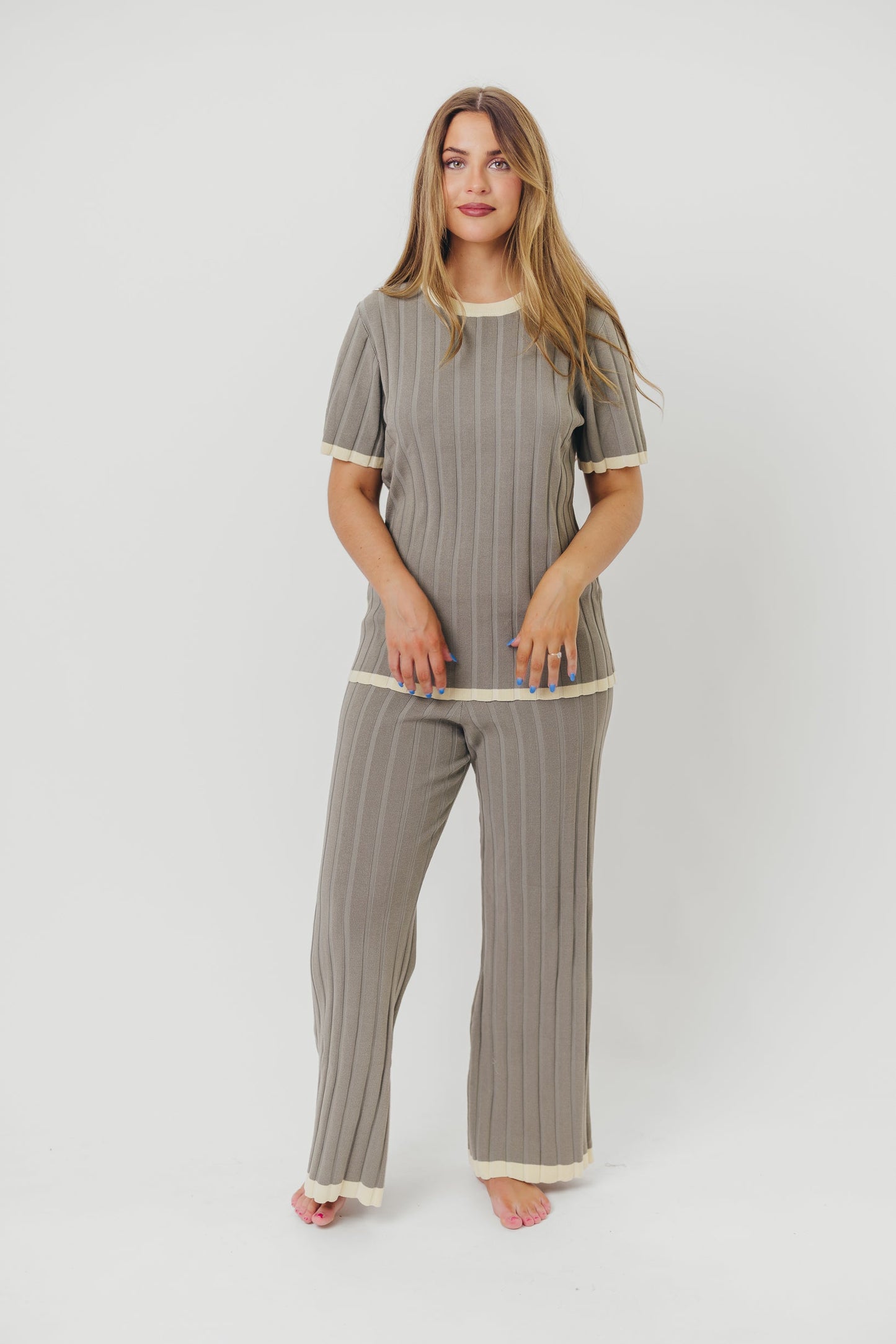 Adele Ribbed Knit Top and Pants Set in Dusty Olive
