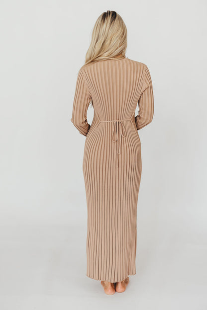 Colette Premium Long Sleeved Ribbed Knit Maxi Dress in Dark Natural - Bump Friendly