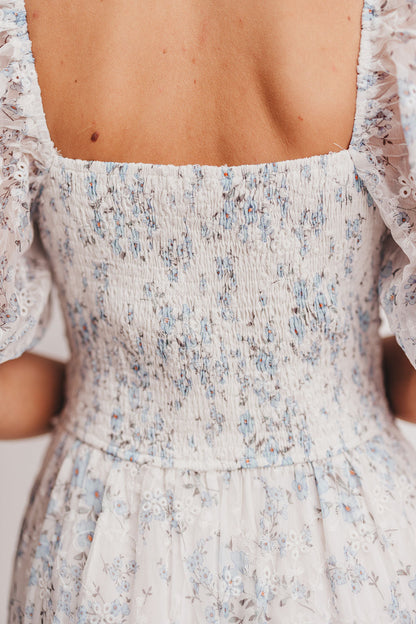 Daphne High Slit Eyelet Detail Maxi Dress in Blue and White Floral - Inclusive Sizing