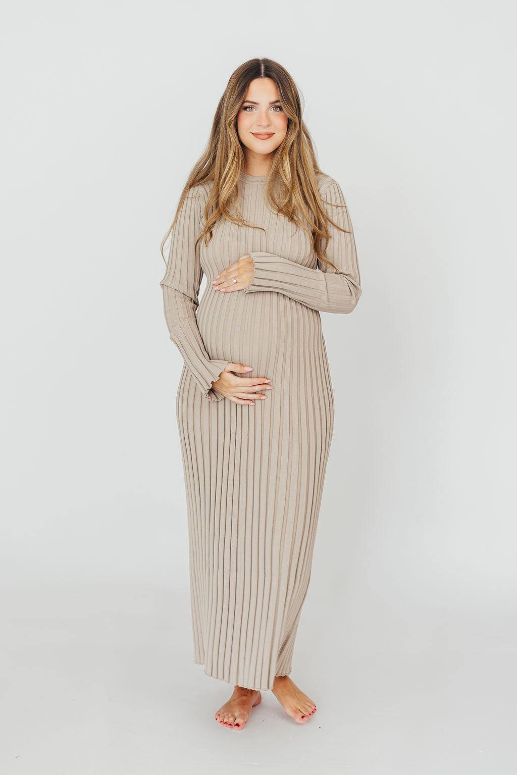 Colette Premium Long Sleeved Ribbed Knit Maxi Dress in Stone - Bump Friendly
