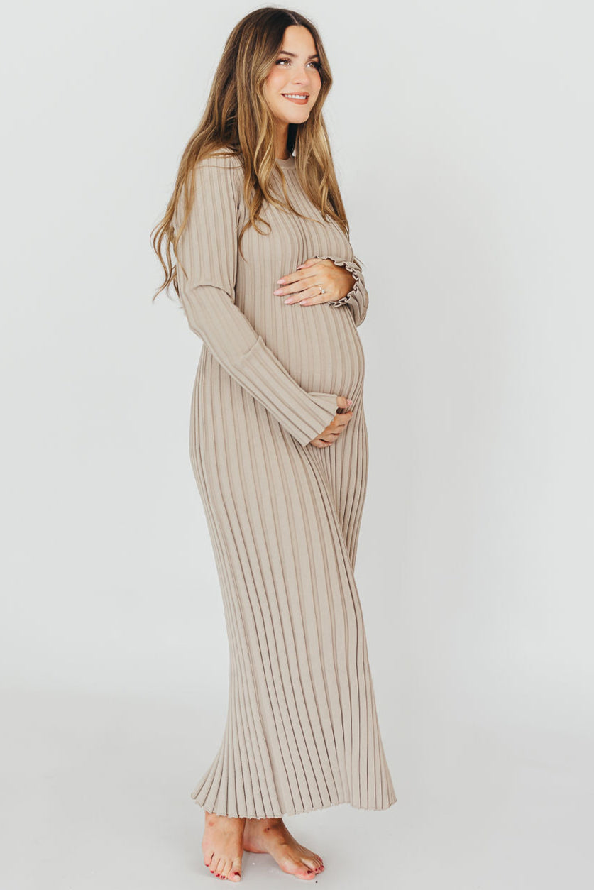 Colette Premium Long Sleeved Ribbed Knit Maxi Dress in Stone - Bump Friendly