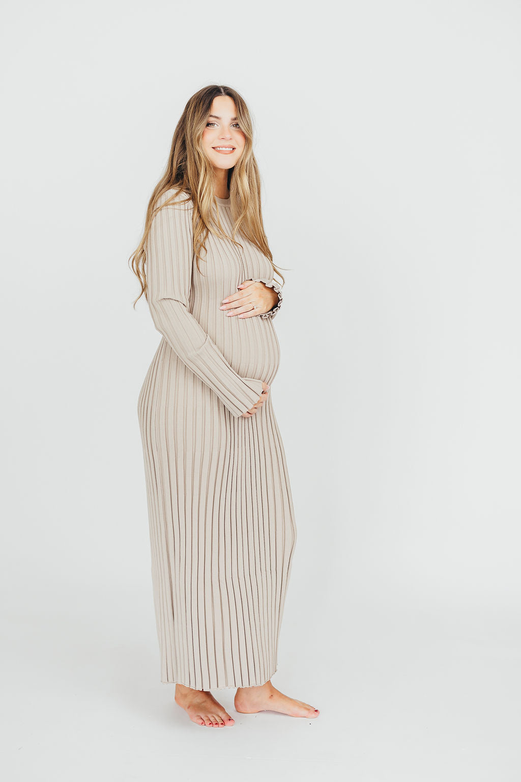 Colette Premium Long Sleeved Ribbed Knit Maxi Dress in Stone - Bump Friendly
