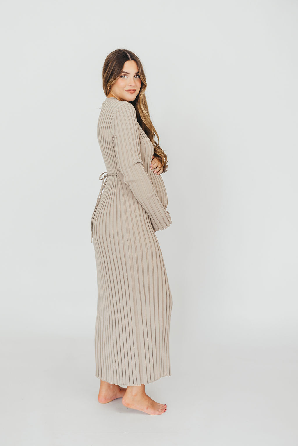 Colette Premium Long Sleeved Ribbed Knit Maxi Dress in Stone - Bump Friendly