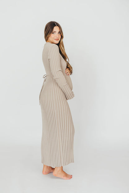 Colette Premium Long Sleeved Ribbed Knit Maxi Dress in Stone - Bump Friendly