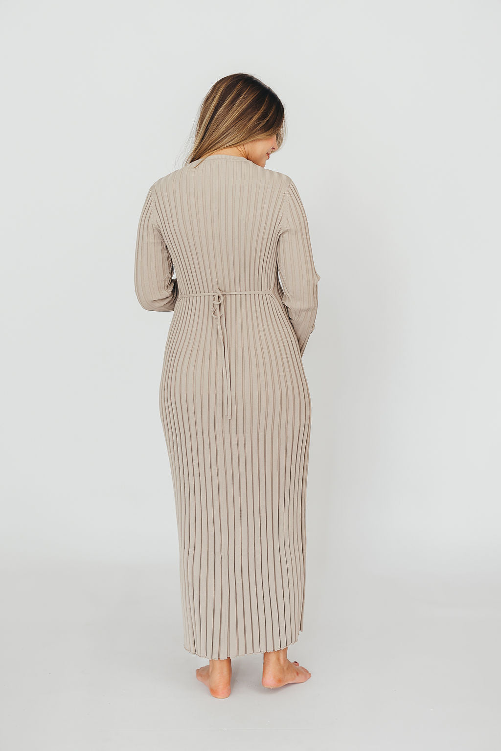 Colette Premium Long Sleeved Ribbed Knit Maxi Dress in Stone - Bump Friendly