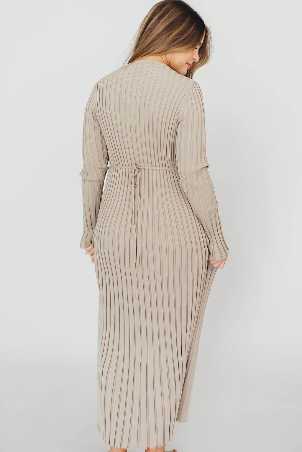 Colette Premium Long Sleeved Ribbed Knit Maxi Dress in Stone - Bump Friendly