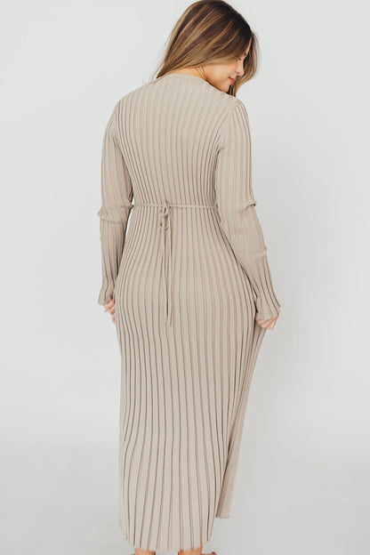 Colette Premium Long Sleeved Ribbed Knit Maxi Dress in Stone - Bump Friendly