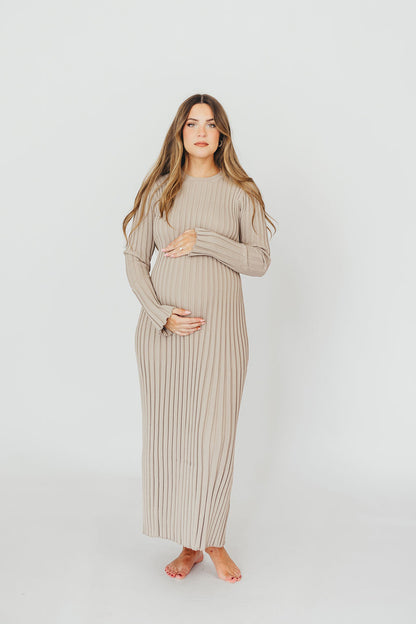 Colette Premium Long Sleeved Ribbed Knit Maxi Dress in Stone - Bump Friendly