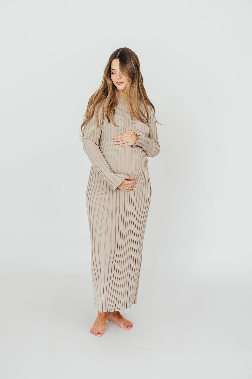 Colette Premium Long Sleeved Ribbed Knit Maxi Dress in Stone - Bump Friendly