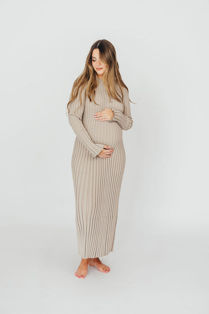Colette Premium Long Sleeved Ribbed Knit Maxi Dress in Stone - Bump Friendly