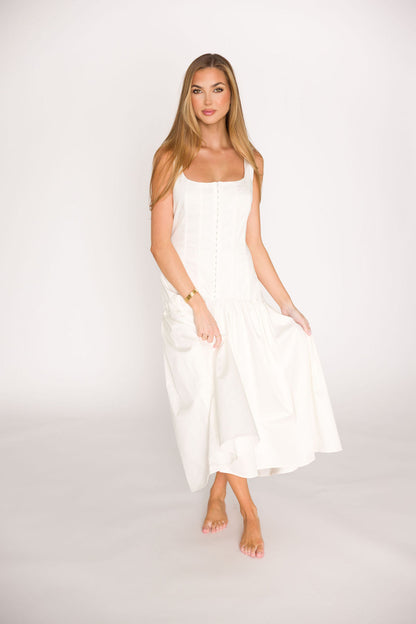 Violet Corset Style Drop Waist Midi Dress in Off-White