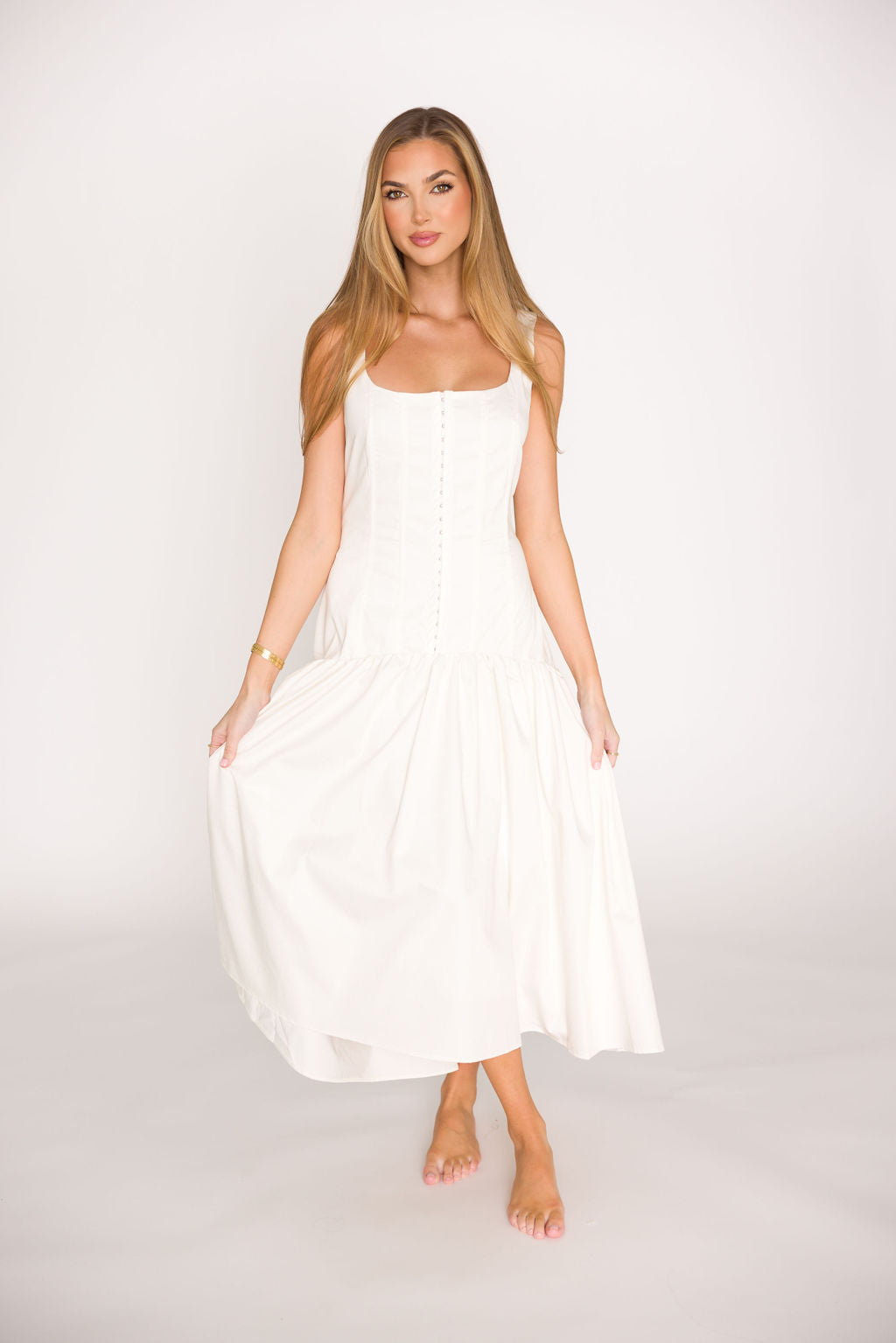 Violet Corset Style Drop Waist Midi Dress in Off-White