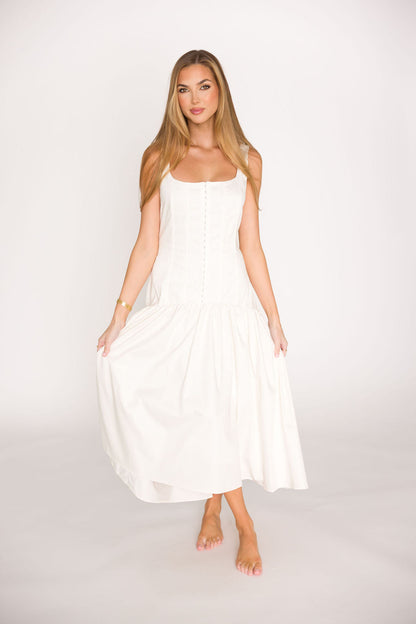 Violet Corset Style Drop Waist Midi Dress in Off-White