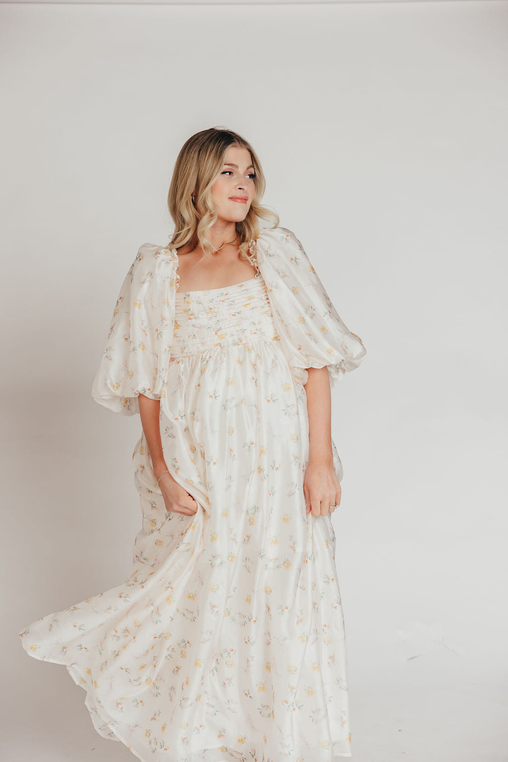 Melody Maxi Dress with Pleats and Bow Detail in Yellow Rose Floral - Bump Friendly & Inclusive Sizing (S-3XL)