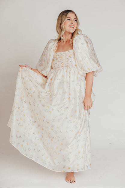 Melody Maxi Dress with Pleats and Bow Detail in Yellow Rose Floral - Bump Friendly & Inclusive Sizing (S-3XL)