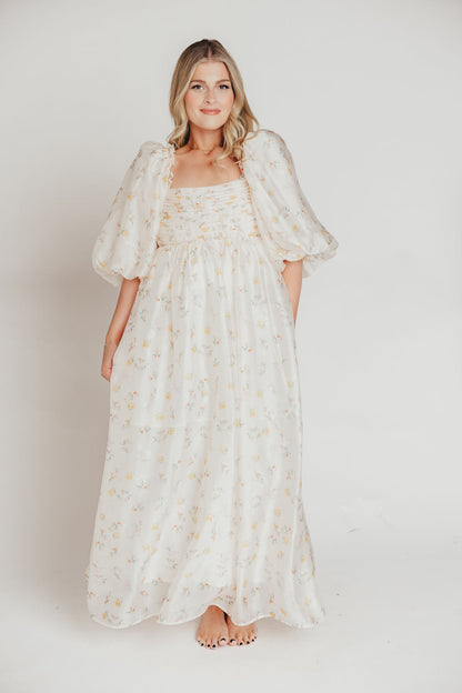 Melody Maxi Dress with Pleats and Bow Detail in Yellow Rose Floral - Bump Friendly & Inclusive Sizing (S-3XL)