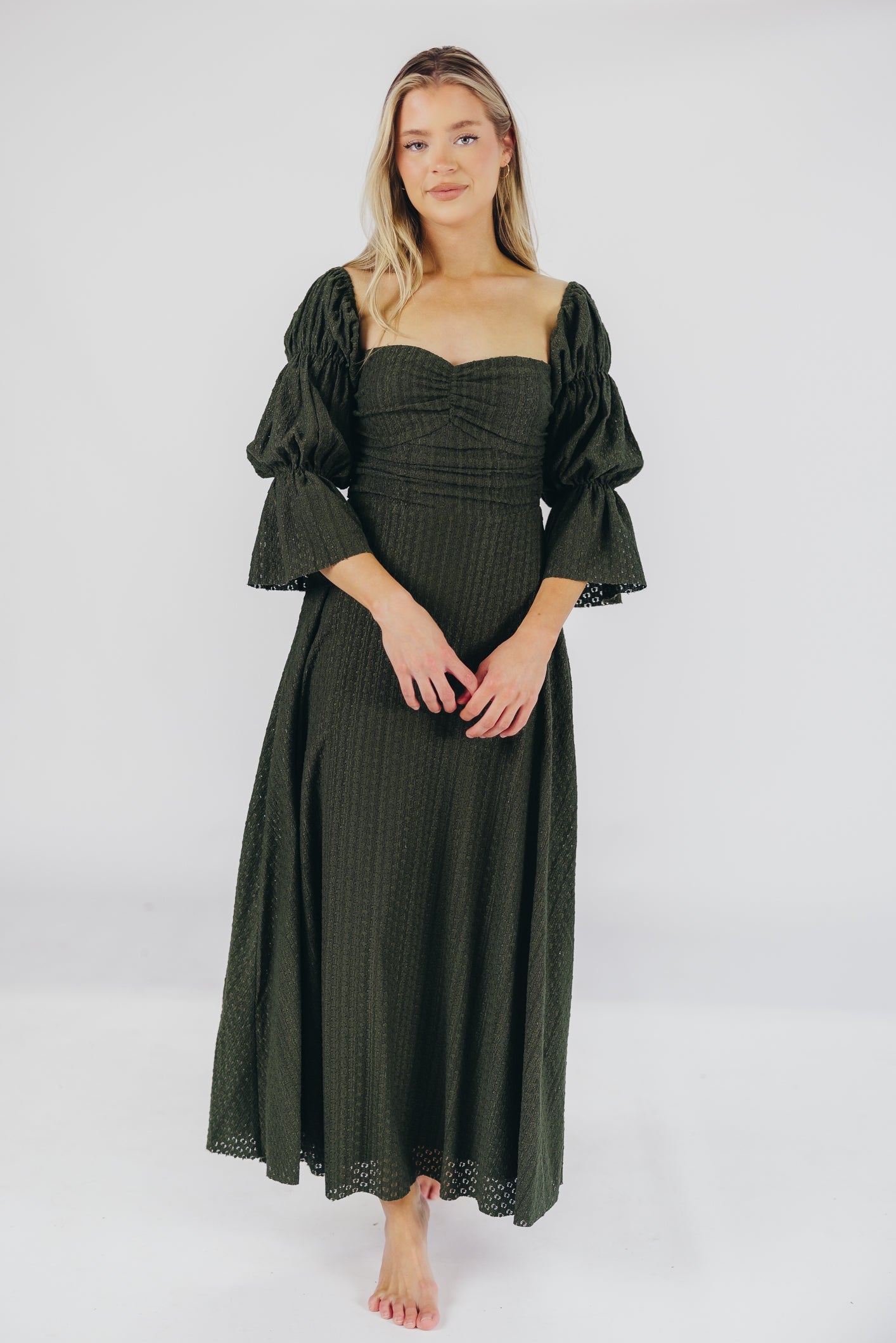 Corrine Tiered Sleeve Maxi Dress with Pockets in Hunter Green - Bump Friendly