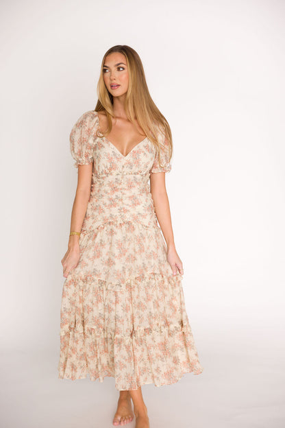 Jenna Ruffled Maxi Sundress in Cream/Multi Floral