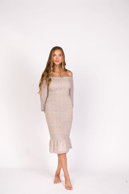 Cameron Stretchy Midi Dress with Ruffles in Beige/Blue