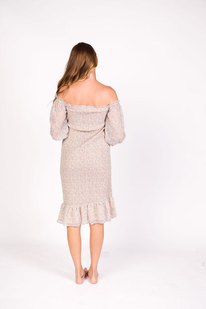 Cameron Stretchy Midi Dress with Ruffles in Beige/Blue