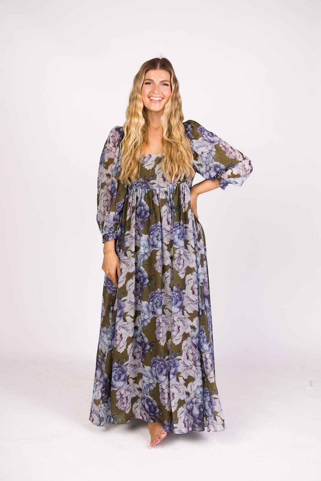 Mona Maxi Dress in Olive/Blue Floral - Bump Friendly *9/30 PRE-ORDER*