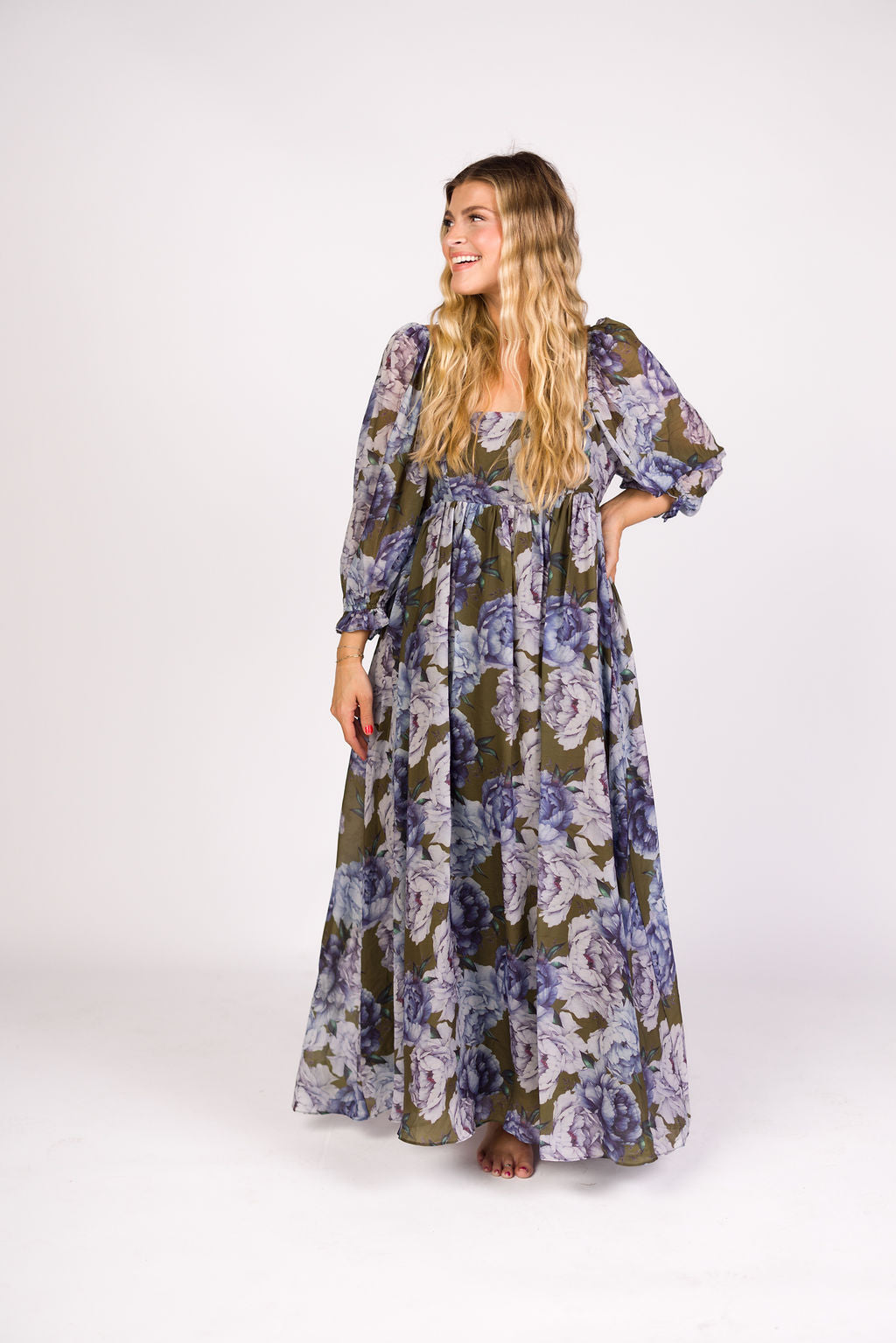 Mona Maxi Dress in Olive/Blue Floral - Bump Friendly *9/30 PRE-ORDER*
