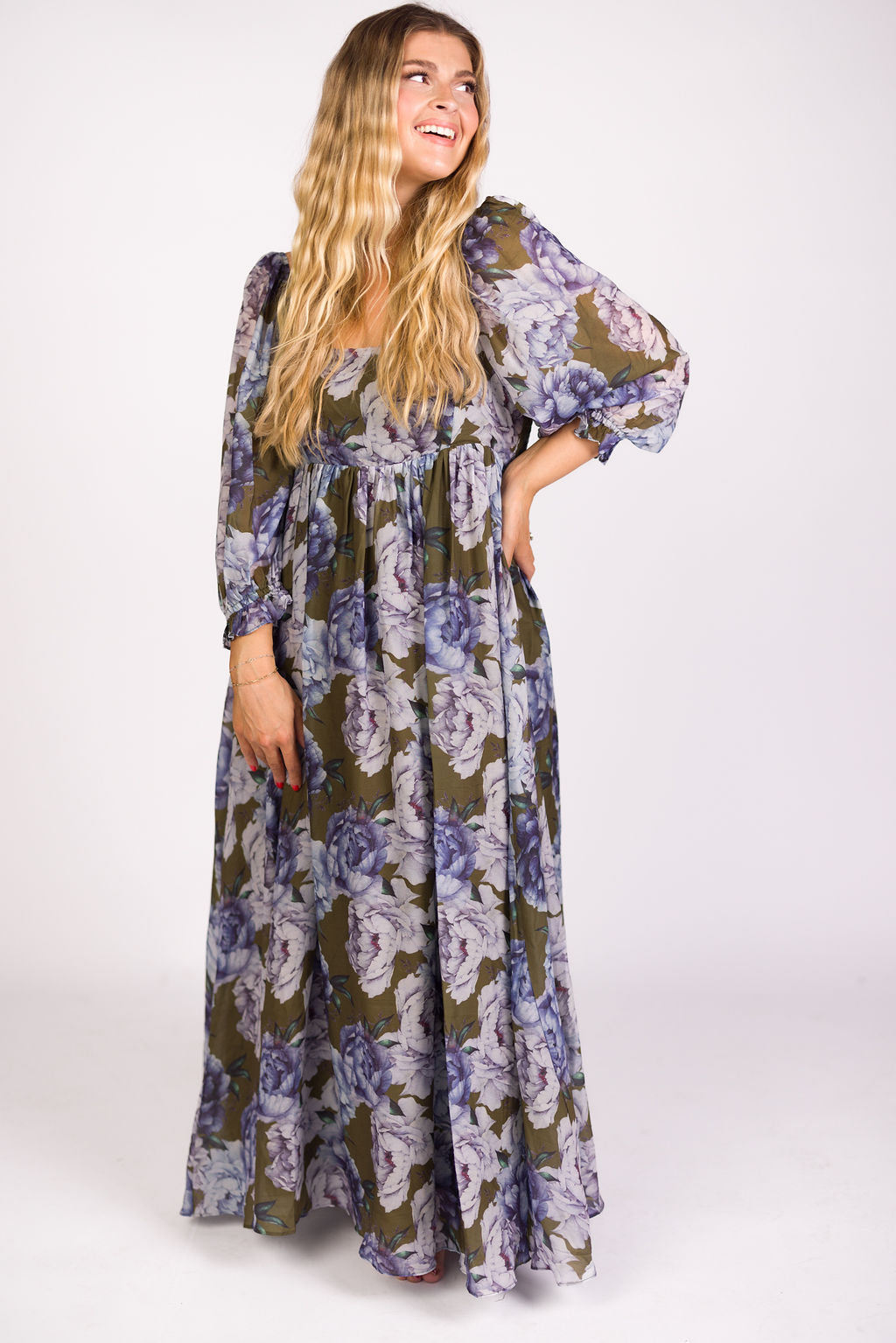 Mona Maxi Dress in Olive/Blue Floral - Bump Friendly *9/30 PRE-ORDER*