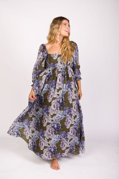 Mona Maxi Dress in Olive/Blue Floral - Bump Friendly *9/30 PRE-ORDER*