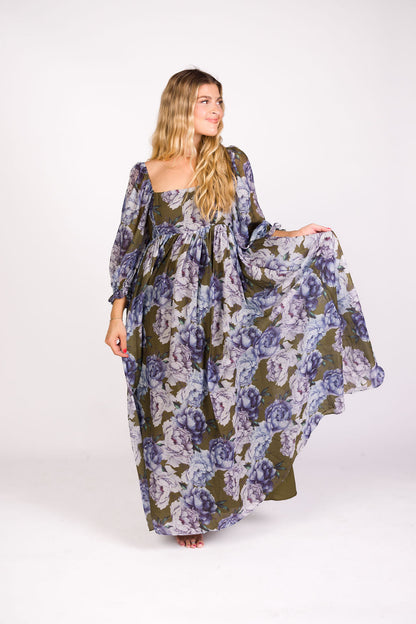 Mona Maxi Dress in Olive/Blue Floral - Bump Friendly *9/30 PRE-ORDER*