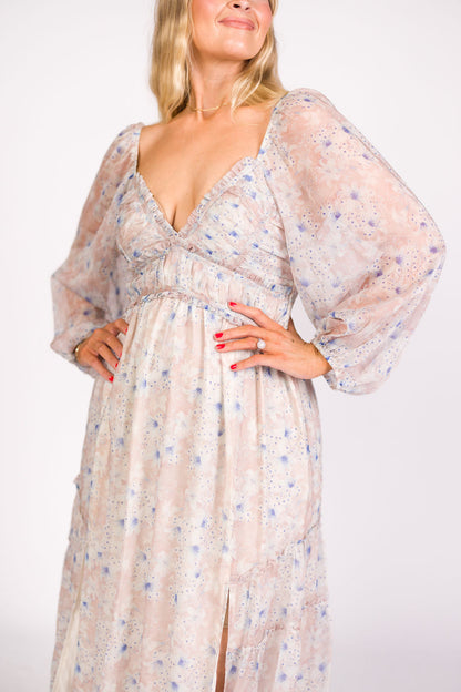 Daphne Long Sleeve Maxi Dress in Beige/Blue Floral - Bump Friendly & Inclusive Sizing (XS-3XL)