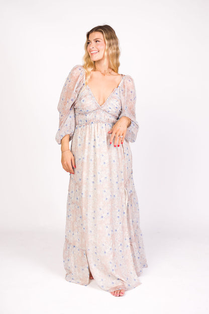 Daphne Long Sleeve Maxi Dress in Beige/Blue Floral - Bump Friendly & Inclusive Sizing (XS-3XL)