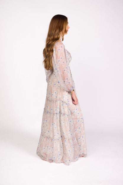 Daphne Long Sleeve Maxi Dress in Beige/Blue Floral - Bump Friendly & Inclusive Sizing (XS-3XL)