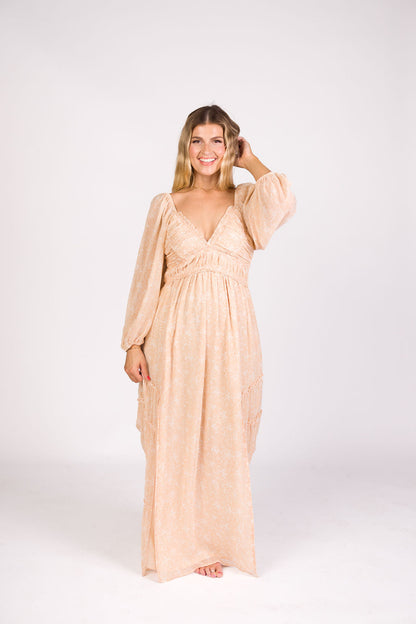 Daphne Long Sleeve Maxi Dress in Light Beige/White Floral - Bump Friendly & Inclusive Sizing (XS-3XL)