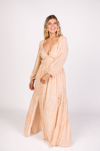 Daphne Long Sleeve Maxi Dress in Light Beige/White Floral - Bump Friendly & Inclusive Sizing (XS-3XL)