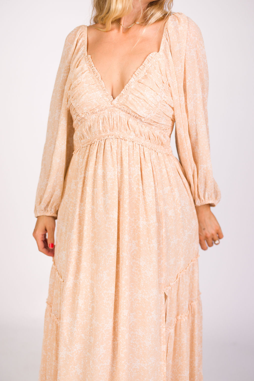 Daphne Long Sleeve Maxi Dress in Light Beige/White Floral - Bump Friendly & Inclusive Sizing (XS-3XL)