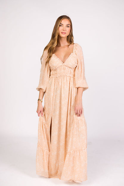Daphne Long Sleeve Maxi Dress in Light Beige/White Floral - Bump Friendly & Inclusive Sizing (XS-3XL)