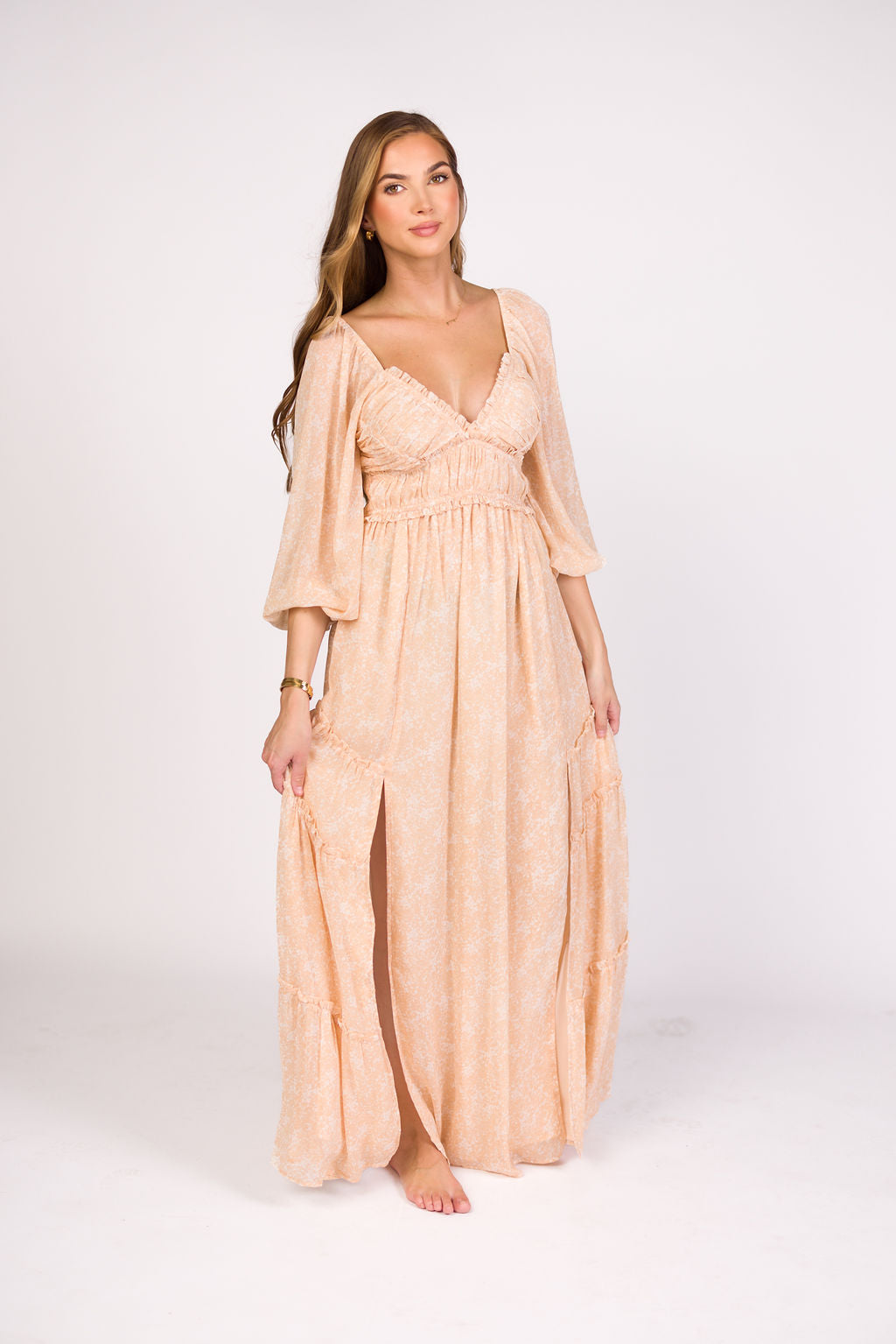 Daphne Long Sleeve Maxi Dress in Light Beige/White Floral - Bump Friendly & Inclusive Sizing (XS-3XL)