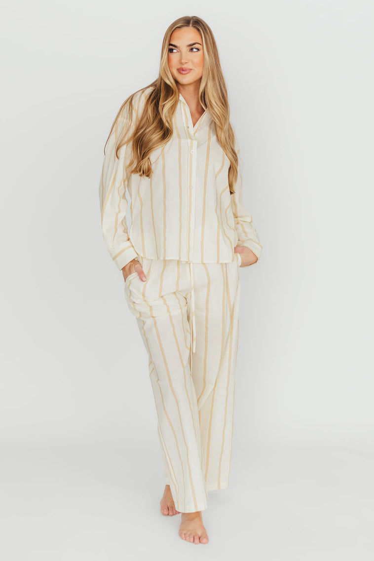 Sicily Button-Down Top in Beige Stripe - Nursing Friendly