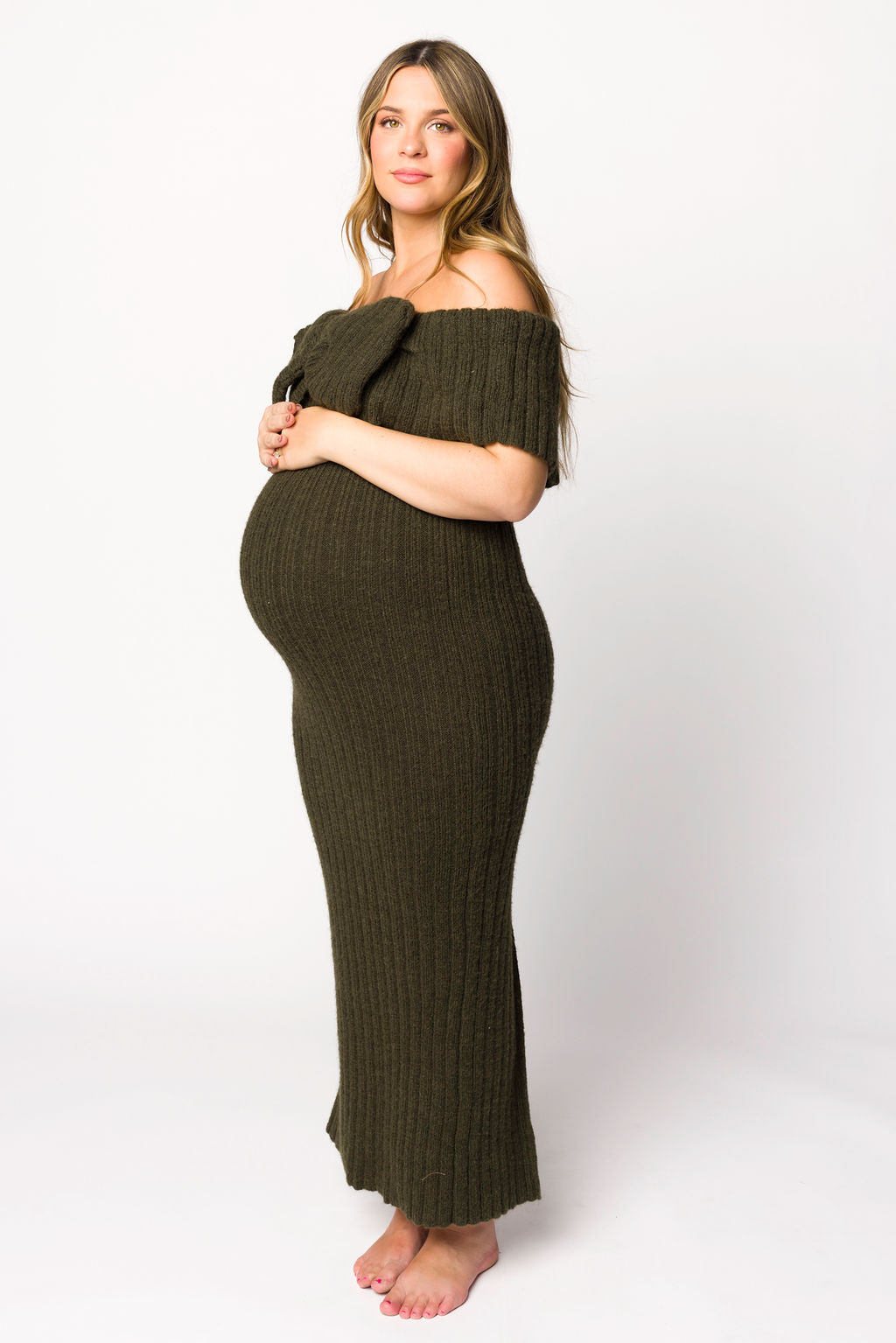 Aston Bow Front Maxi Sweater Dress in Dark Green - Bump Friendly