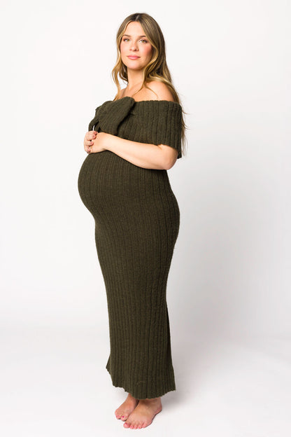Aston Bow Front Maxi Sweater Dress in Dark Green - Bump Friendly