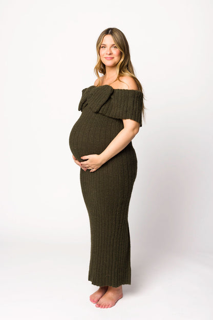 Aston Bow Front Maxi Sweater Dress in Dark Green - Bump Friendly