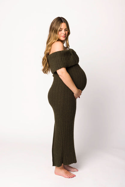 Aston Bow Front Maxi Sweater Dress in Dark Green - Bump Friendly