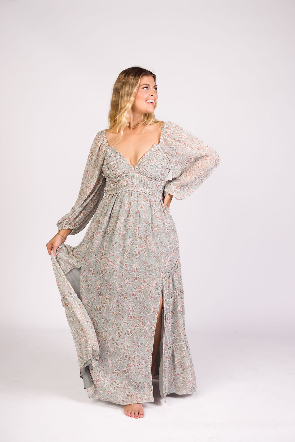 Daphne Long Sleeve Maxi Dress in Sage/Pink/Ivory Floral - Bump Friendly & Inclusive Sizing (XS-3XL)