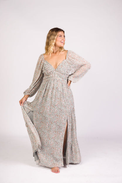 Daphne Long Sleeve Maxi Dress in Sage/Pink/Ivory Floral - Bump Friendly & Inclusive Sizing (XS-3XL)